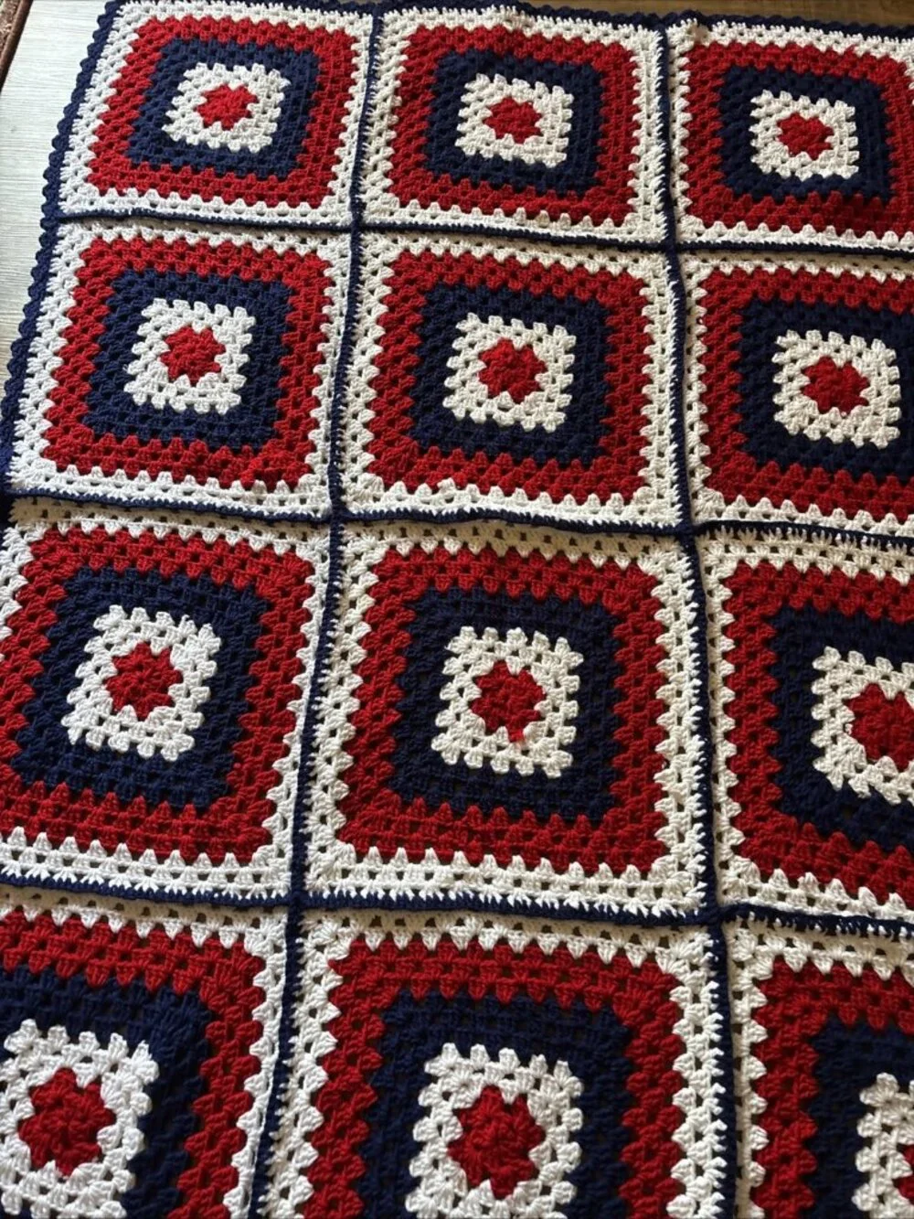 Red White & Blue Granny Squares Afghan Homemade Size 66 X 48 - Picture 6 of 6